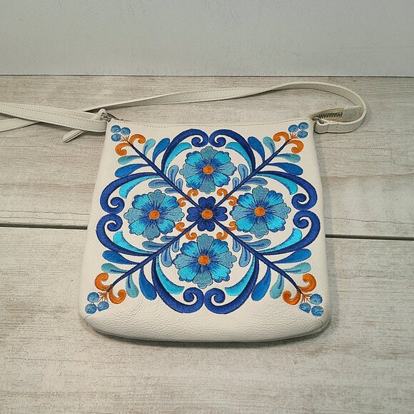 Brighton Casablanca Garden Crossbody Bag Embroidered Blue Floral White Purse
